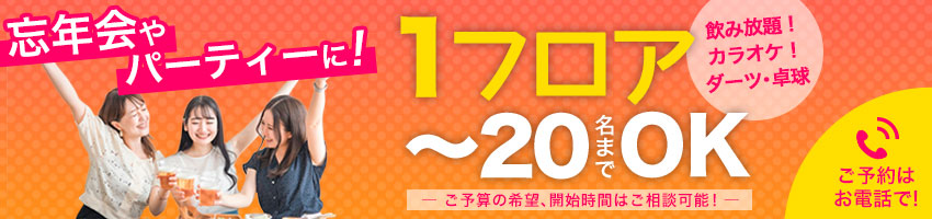 忘年会やパーティーに!1フロアで最大20名までOK!飲み放題、カラオケ、ダーツ・卓球他!ご予算や開始時間は相談可能です!ご予約はお電話で!